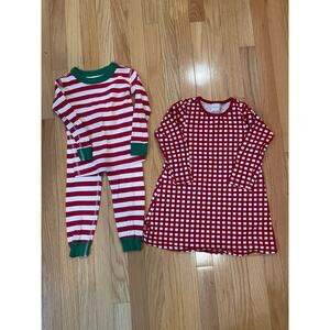 Hanna Anderson Girls Christmas Bundle, Stripe Pajamas 3T, Plaid Dress 4T
